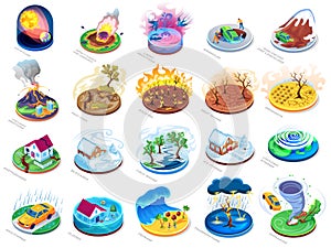 Natural disasters, isometric icons set, insurance