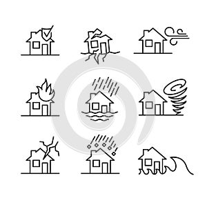 Natural disasters line style symbols. Accidents with house icons set.