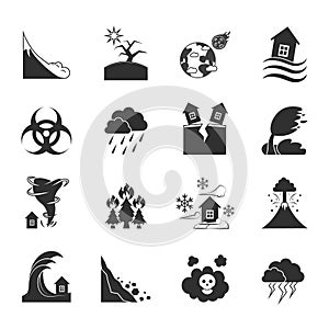 Natural Disasters Monochrome Icons Set