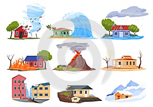 Natural disasters set vector cartoon illustration. Collection damage catastrophe tornado, storm