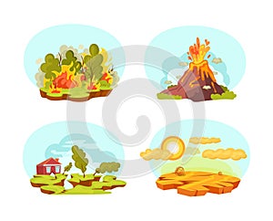 Natural disasters set. Wild landscape volcanic eruption, earthquake, forest fires, drought desert. Burning forest fires