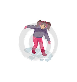 Natural disasters, severe weather unfavorable environmental conditions. Child walks and stumbles on slippery ice cartoon vector