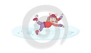 Natural disasters, severe weather unfavorable environmental conditions. Child walks and stumbles on slippery ice cartoon vector