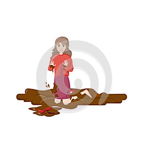 Natural disasters, severe weather unfavorable environmental conditions. Girl stumbled and fell into a puddle of muddy cartoon