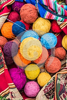 Natural dyed wool yarn peruvian Andes Cuzco Peru photo