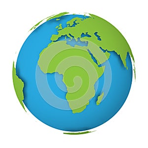 Natural Earth globe. 3D world map with green lands dropping shadows on blue seas and oceans. Vector illustration