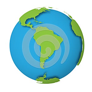 Natural Earth globe. 3D world map with green lands dropping shadows on blue seas and oceans. Vector illustration