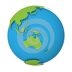 Natural Earth globe. 3D world map with green lands dropping shadows on blue seas and oceans. Vector illustration