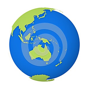 Natural Earth globe. 3D world map with green lands dropping shadows on blue seas and oceans. Vector illustration