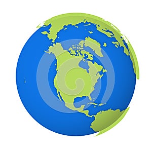 Natural Earth globe. 3D world map with green lands dropping shadows on blue seas and oceans. Vector illustration