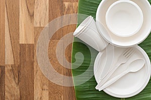 Natural eco-friendly disposable utensils fork, spoon, dish plate, bowl and cup made of fiber of bagasse and bamboo