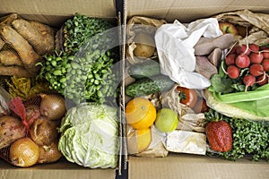 Natural on a eco friendly paper box full of vegetables and fruits