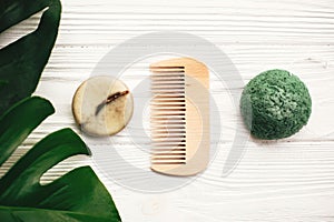 Natural eco friendly solid shampoo bar, green konjaku sponge, co photo