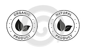Natural and Ecological Products, Vegan Food Stickers. Bio Healthy Eco Food Signs. Organic Food Label Set. 100 Percent