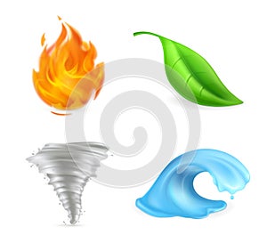 Natural elements, fire, flame, green leaf, tornado, hurricane, storm, wave, environment, vector icons