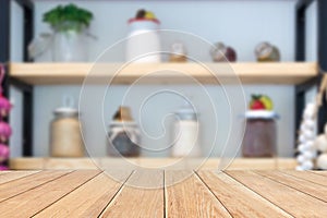 Natural empty pattern wooden table with blurred kitchen, various