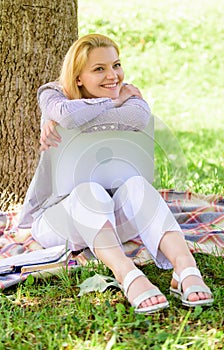 Natural environment office. Woman with laptop work outdoors lean tree. Minute for relax. Education technology and