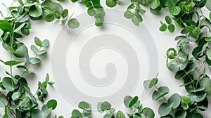 Natural Eucalyptus Branch Wreath Frame with Leaves, Isolated on White Background - Top View Flat Lay
