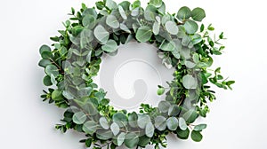 Natural Eucalyptus Branch Wreath Frame with Leaves, Isolated on White Background - Top View Flat Lay