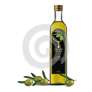 Natural extra virgin olive oil realistic glass bottles with labels. Layout of food identity branding, modern packaging design