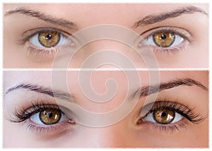 Natural and false eyelashes before and after.