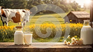 Natural farm cow's milk glass bottle , field , beverage breakfast village sun dairy product raw morning