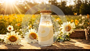 Natural farm cow's milk glass bottle , outdoors, flowers protein dairy product raw morning
