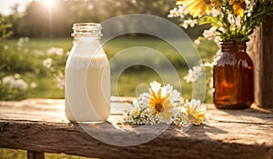 Natural farm cow's milk glass bottle , outdoors, flowers protein dairy product raw
