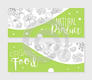 Natural Farm Product Horizontal Banners Templates Set with Hand Drawn Vegetables Seamless Pattern, Design Element Can Be