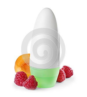 Natural female rollon deodorant with fruits on white background