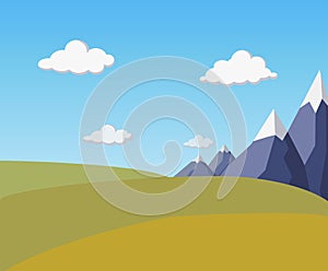 natural flat autumn landscape with mountains, wheat rural fields, blue sky and fluffy clouds. stylized village fields background.