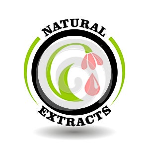 Natural floral extract ingredients stamp with circle flower illustration. Vector logo certification of eco bio organic cosmetics