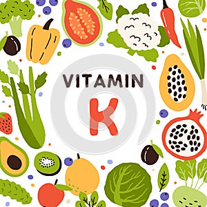 Natural food sources of Vitamin K. Card with circle frame of healthy vegan nutrition enriched with vitamine. Organic photo