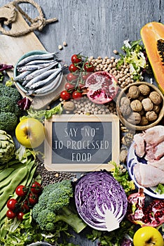 Natural food and text say no to processed food photo