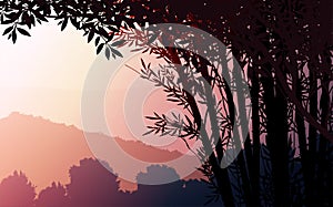 Natural forest mountains horizon hills silhouettes of trees Evening Sunrise and sunset Landscape wallpaper Illustration vector