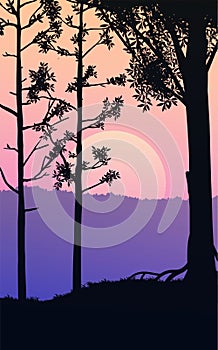 Natural forest mountains horizon hills silhouettes of trees. Evening Sunrise and sunset. Landscape wallpaper. Illustration vector.