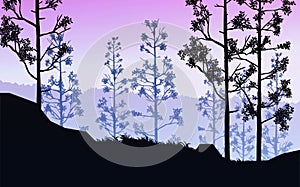 Natural forest mountains horizon hills silhouettes of trees. Evening Sunrise and sunset. Landscape wallpaper. Illustration vector.