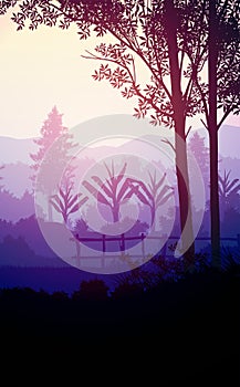 Natural forest mountains horizon hills silhouettes of trees. Evening Sunrise and sunset. Landscape wallpaper. Illustration vector.