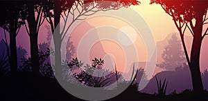 Natural forest mountains horizon hills silhouettes of trees. Evening Sunrise and sunset. Landscape wallpaper. Illustration vector.