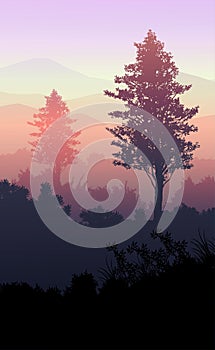 Natural forest mountains horizon hills silhouettes of trees. Evening Sunrise and sunset. Landscape wallpaper. Illustration vector.