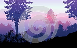 Natural forest mountains horizon hills silhouettes of trees. Evening Sunrise and sunset. Landscape wallpaper. Illustration vector.