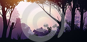 Natural forest mountains horizon hills silhouettes of trees. Evening Sunrise and sunset. Landscape wallpaper. Illustration vector.