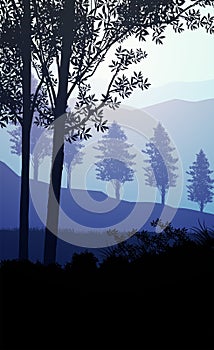 Natural forest mountains horizon hills silhouettes of trees. Evening Sunrise and sunset. Landscape wallpaper. Illustration vector.