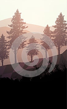 Natural forest mountains horizon hills silhouettes of trees. Evening Sunrise and sunset. Landscape wallpaper. Illustration vector.