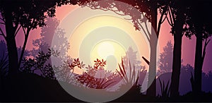 Natural forest mountains horizon hills silhouettes of trees. Evening Sunrise and sunset. Landscape wallpaper. Illustration vector.