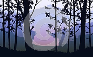 Natural forest mountains horizon hills silhouettes of trees. Sunrise and sunset. Landscape wallpaper. Illustration vector style.