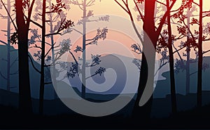 Natural forest mountains horizon hills silhouettes of trees. Sunrise and sunset. Landscape wallpaper. Illustration vector style.