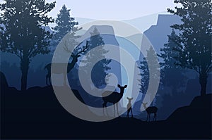 Natural forest mountains horizon trees Landscape wallpaper Sunrise and sunset Herd of deer Illustration vector style photo