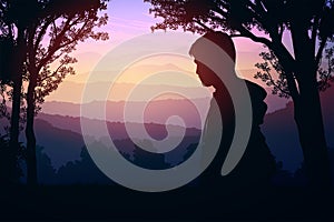 Natural forest trees mountains horizon hills silhouettes Sunrise and sunset Landscape wallpaper Illustration vector