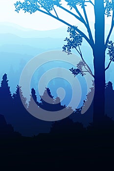 Natural forest trees mountains horizon silhouettes of trees Sunrise and sunset Landscape wallpaper Illustration vector style